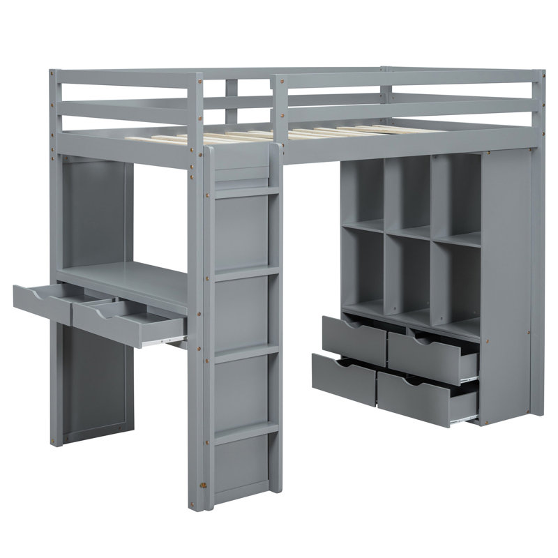 Lit mezzanine de taille grise avec beaucoup de DEL et de tablettes, bureau d'écriture - et polyvalent avec bureau fonctionnel spacieux et sécuritaire