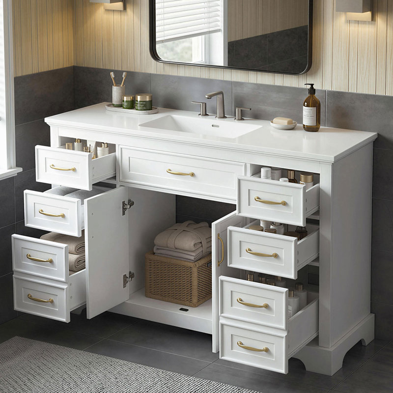 Meuble-lavabo autoportant avec comptoir en composite, 6 tiroirs, portes à fermeture douce, base courbée et poignées dorées