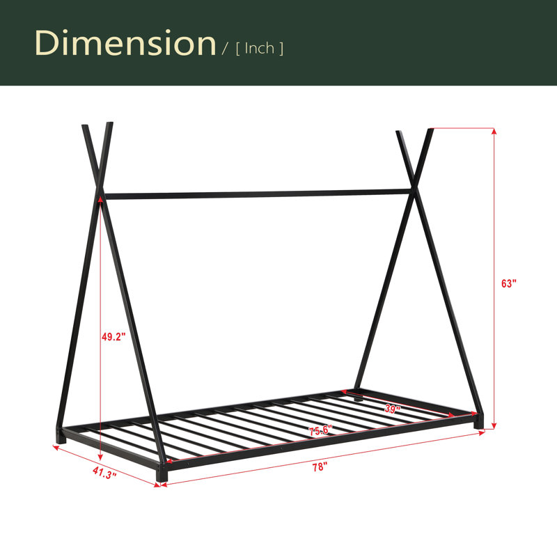 Lit plateforme simple en métal avec structure triangulaire, Noir