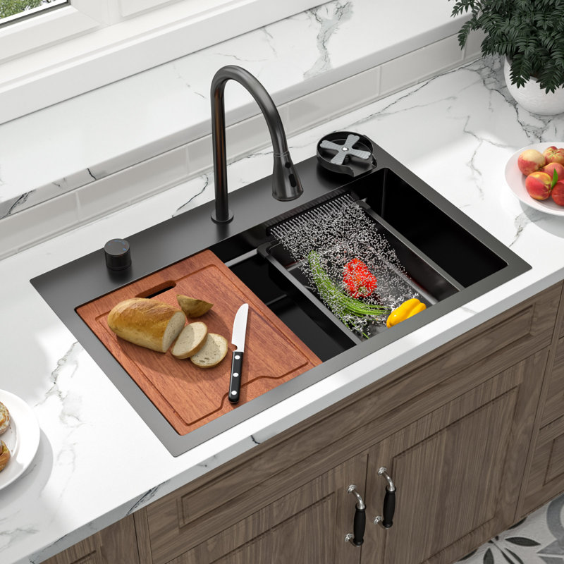 31"L x 20"W Drop In Workstation Kitchen Sink Waterfall Stainless Steel Sink with Pull-Down Faucet, Gunmetal Black