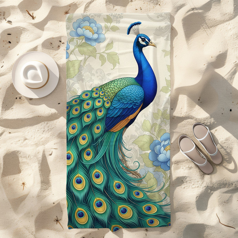  Serviette de plage légère en microfibre, absorbante sans décoloration, 30 po x 60 po, pivoine paon, Pivoine paon rétro