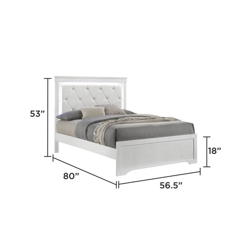Lit double rembourré de style moderne Blaze avec tête de lit à DEL et bois blanc, Double, Blanc