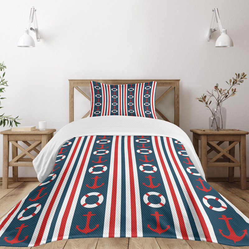 Nautical Twin White and Red Quilted Bedspread Set