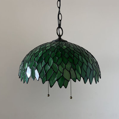 Daveric Tiffany Pendant Lights Fixture Plug in Green Stained Glass Leaves LED Bulbs Included 16”W*16”D*75”H