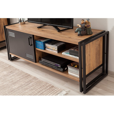 Vasilos Industrial TV Stand with Metal Frame & Melamine Coated Particle Board, 51.2 x 19.7 x 17.7 inches | Atlantic Pine & Black Finish | Wall-Mountable, Multiple Shelves, Durable Metal Handles | Perfect for Modern Living Rooms