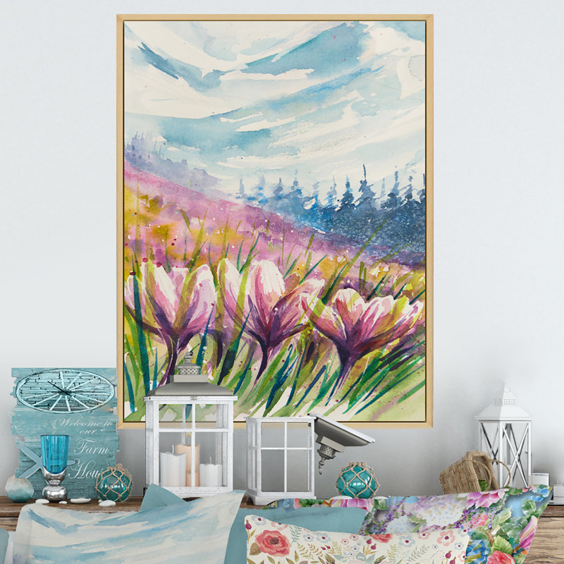 «Crocuses Meadow In Abstract Mountains», art mural traditionnel sur toile, H 36 po x l 24 po x P 1 po