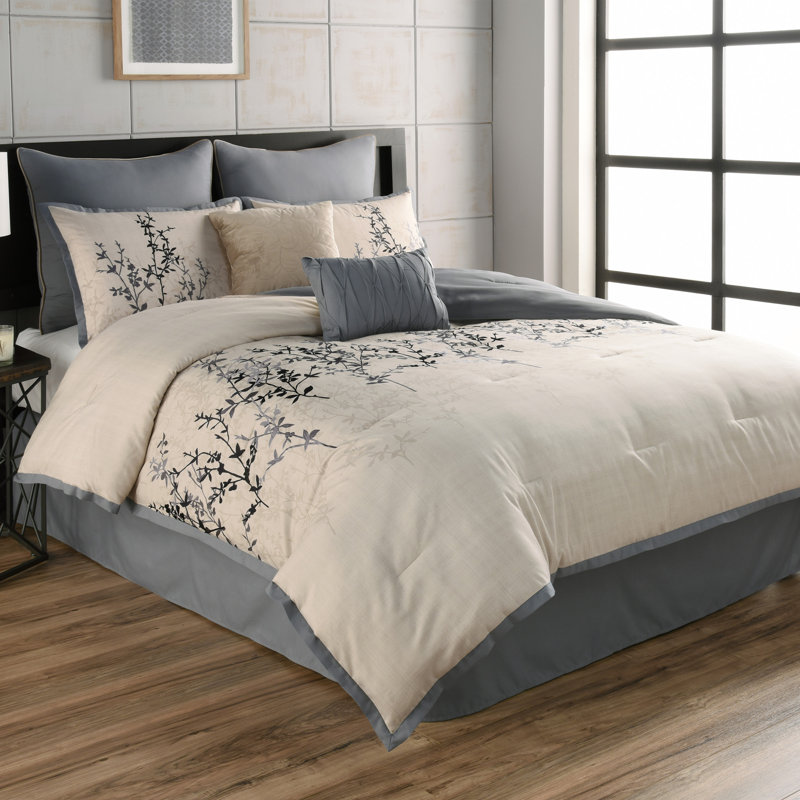 Hayden Beige/Blue Polyester 8 Piece Comforter Set, Queen Comforter + 7 Additional Pieces