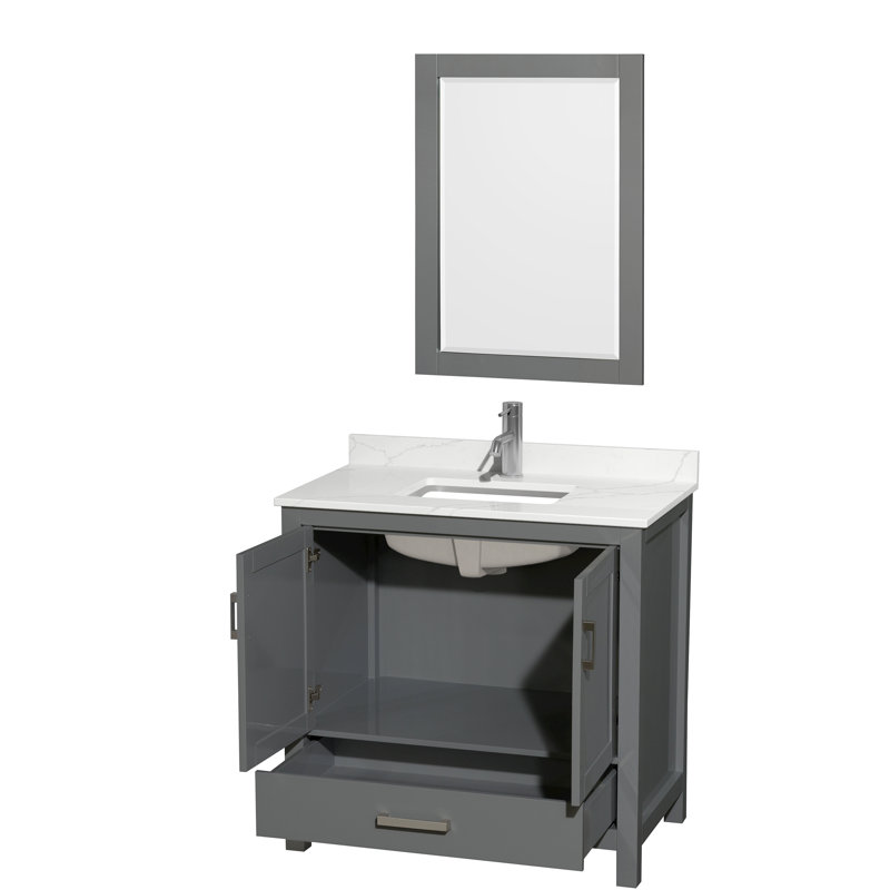 Sheffield 36" Freestanding Single Bathroom Vanity with Quartz Top with 24" Mirror, White Quartz, Dark Gray, Chrome