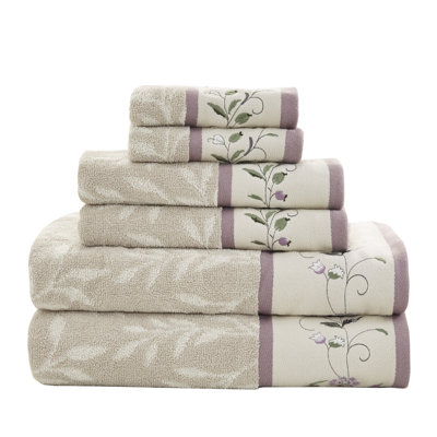 Raheem Purple Embroidered Cotton Jacquard Purple Towel Set - Includes 2 Bath Towels, 2 Hand Towels, 2 Wash Cloths