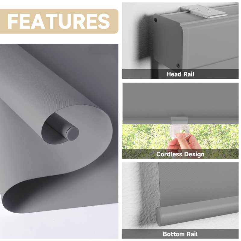 Cordless Blackout Roller Shades – Thermal Insulated Window Blinds for Bedroom, 72"W x 72"L, Gray