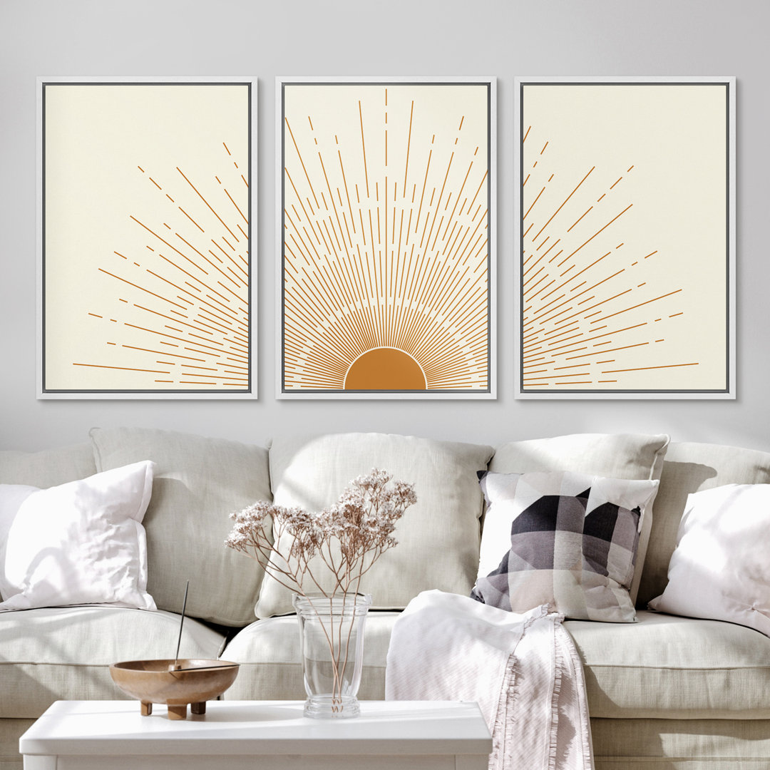 Bright Mid-Century Modern Orange Minimal Sun ShineArt Boho Decor Framed Canvas 3 Pieces Print Set IDEA4WALL 