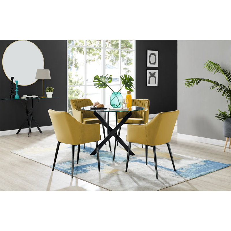 Bernell Modern Chrome Metal & Glass Round Dining Table Set with 4 Luxury Button Velvet Chairs, H75 x L100 x W100cm
