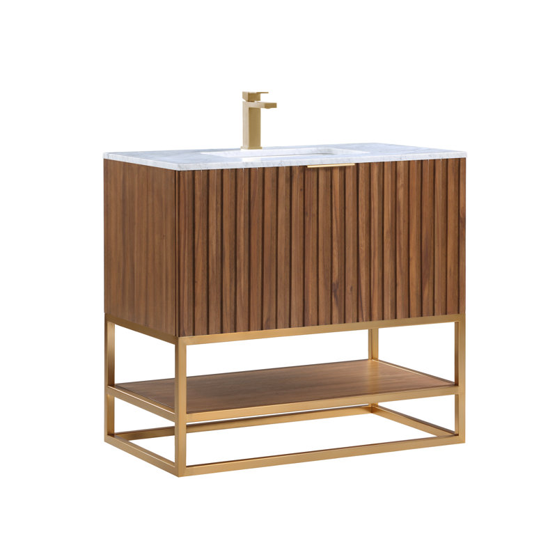 Terra 36'' Single Bathroom Vanity with Top, Carrara Marble/Single Faucet Mount, Walnut, Satin Brass