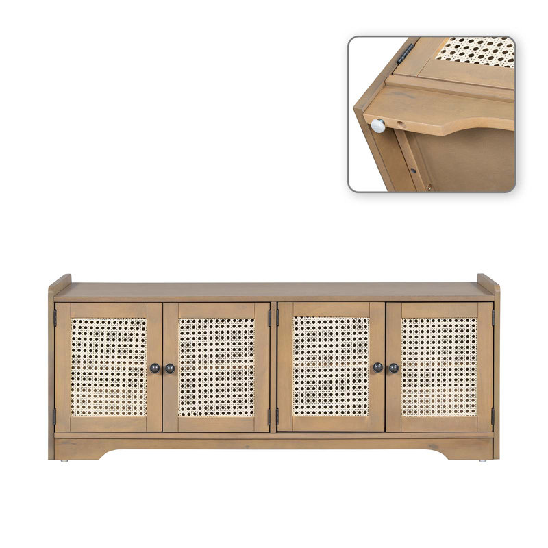 Farmhouse Rattan Door Storage Bench with Cushioned Seat, Adjustable Shelves, Multifunctional Wood Shoe Bench for Entryway, Hallway and Living Room