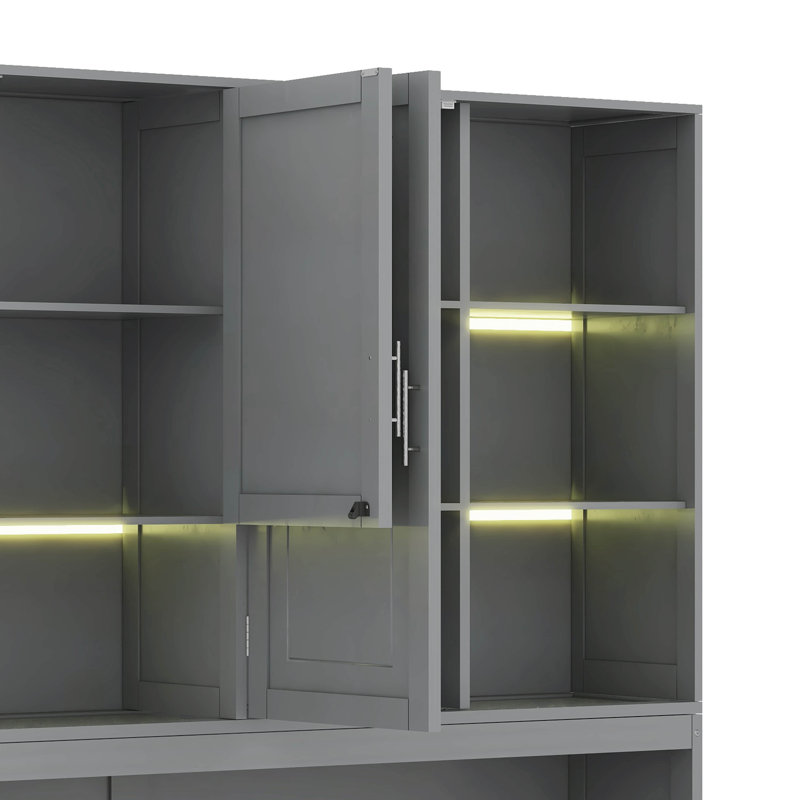 Lit escamotable simple horizontal avec armoire de rangement, lumière DEL, bibliothèque et tablettes, Gris