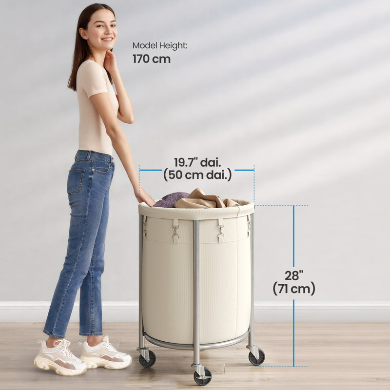 Rolling Laundry Hamper, Cream/Silver