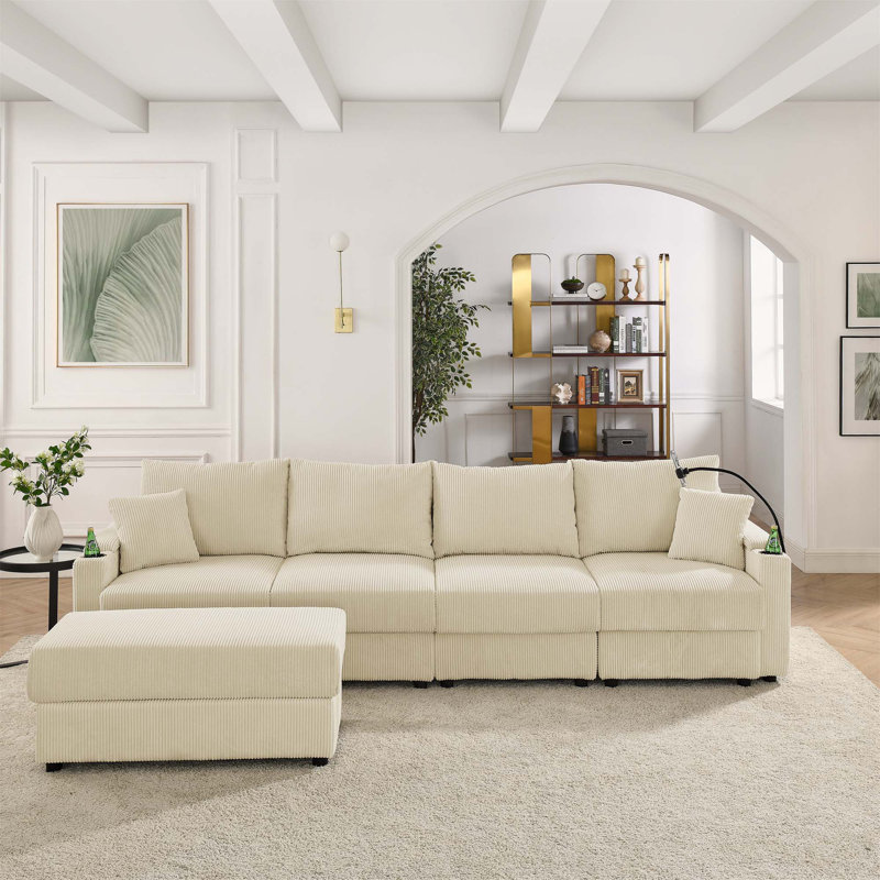 Canapé en L avec repose-pieds en velours côtelé Corduroy, Velours côtelé beige, H 34 po x l 132 po x P 35 po