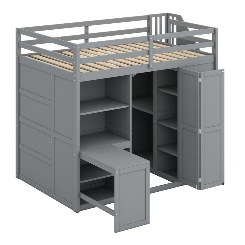 Lit mezzanine avec garde-robe, bureau et tablettes, Gris