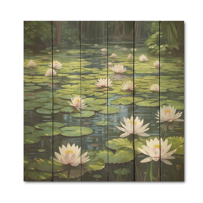 Magical Lotus Lily Pad Pond - Lotus Wood Wall Art On Natural Pine Wood, 30" H x 30" W