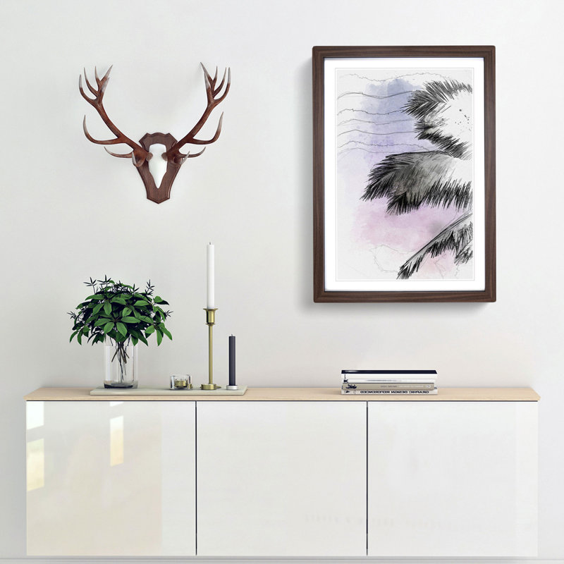 Palm Tree During Sunset in Abstract - Picture Frame Drawing Print, 48cm H x 36cm W x 2cm D, Walnut Framed
