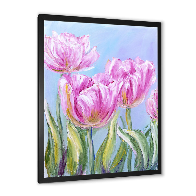 «Vintage Pink Tulips Flowers», peinture sur toile encadrée, H 20 po x l 12 po x P 1 po, Toile avec cadre photo noir