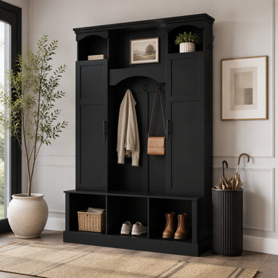 Arbre de couloir moderne tout-en-un avec tablettes réglables, banc de rangement de style campagnard arqué classique avec armoires latérales doubles