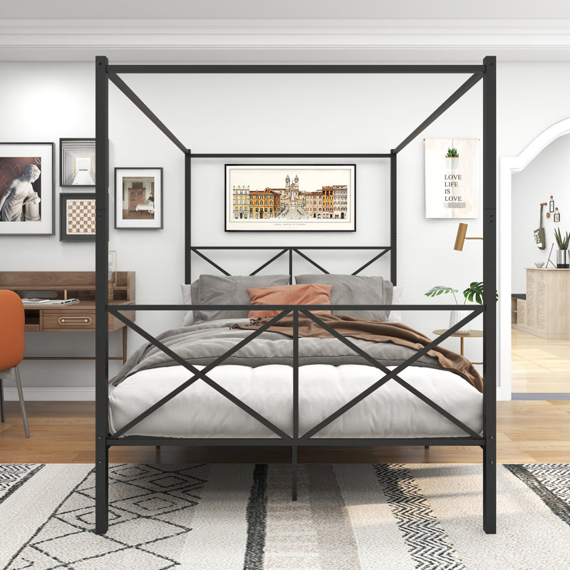 Structure de lit plateforme en métal pour grand lit, caractéristique de style européen, et noir, s'adapte à tous les grands lits standards, structure de grand lit à baldaquin facile à installer, fabrication, 12,4 po sous le rangement, matelas facile