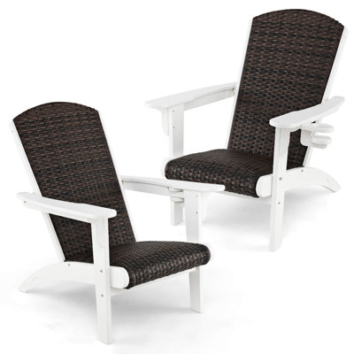 Set of 2 Adirondack Chair w/ Rattan Padded Seat & Back Wide Hidden Cupholder Patio by Beachcrest Home