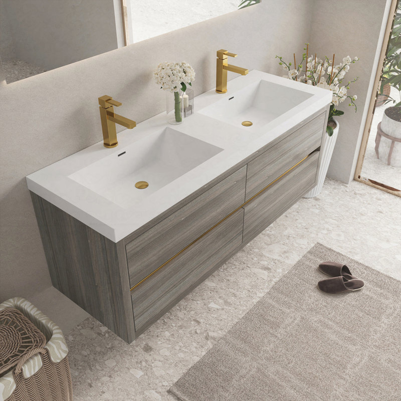 Meuble-lavabo mural avec double vasque, meuble de rangement flottant avec comptoir en résine de pierre et tiroirs à fermeture en douceur