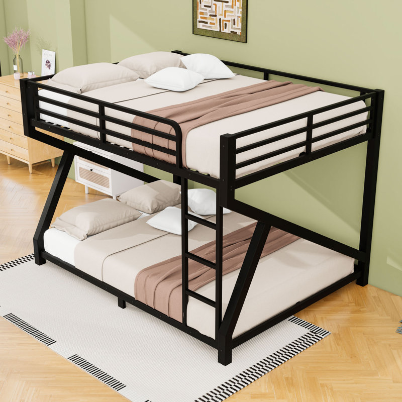 Metal Bunk Bed with Ladder and Guardrails, Queen Over Queen