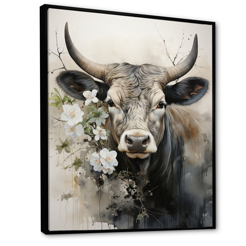 Baylian, art asiatique, vache Sumi X, Cadre flottant noir, H 32 po x l 24 po x P 1 po