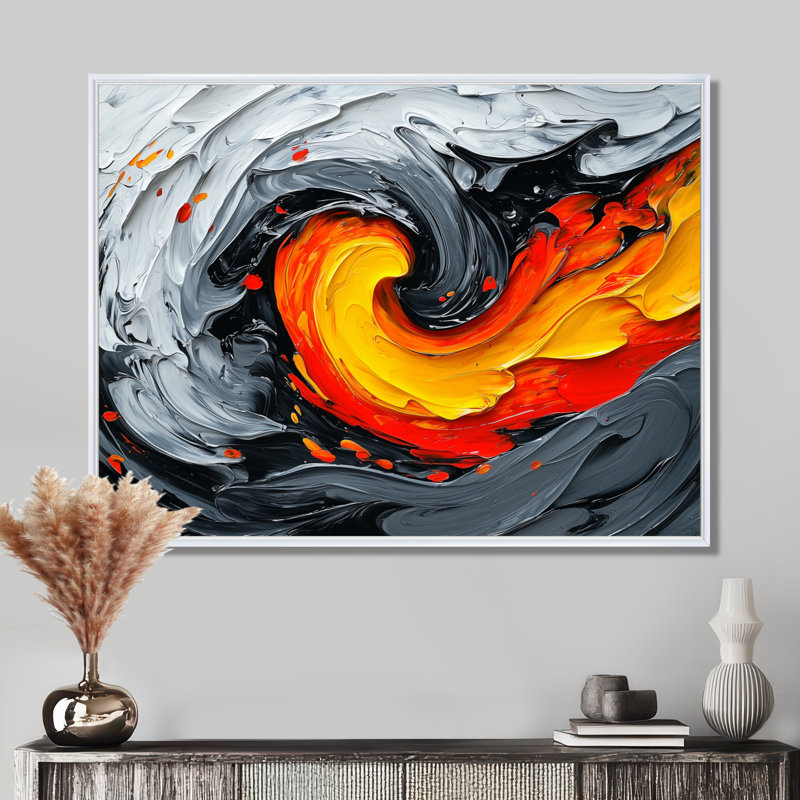 «Ellivia Abstract Volcano Emotion Pulse III», art abstrait du suprématisme, H 34 po x l 44 po, Cadre flottant, Blanc
