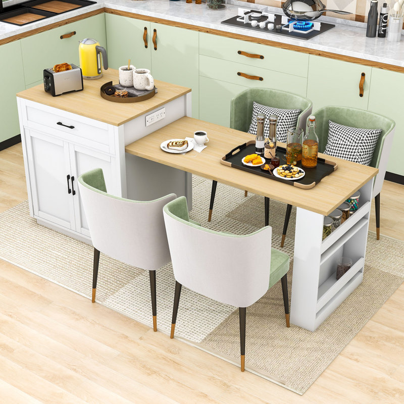 Kitchen Island with Extendable Dining Table, Built-in Charging Station and Lockable Wheels, White