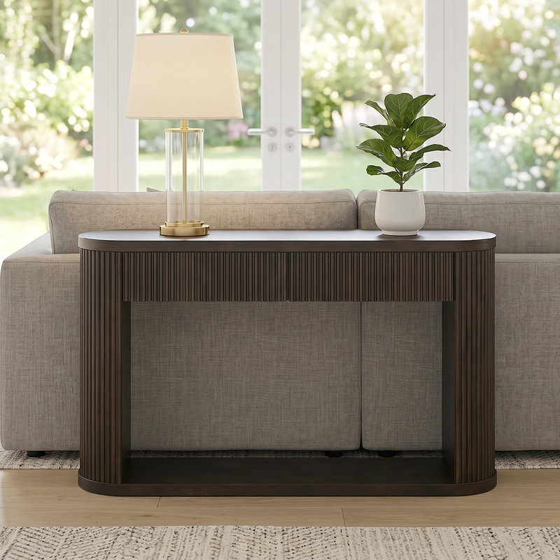 Console élégante avec design cannelé, glissières en métal et tablette de rangement ouverte, Espresso