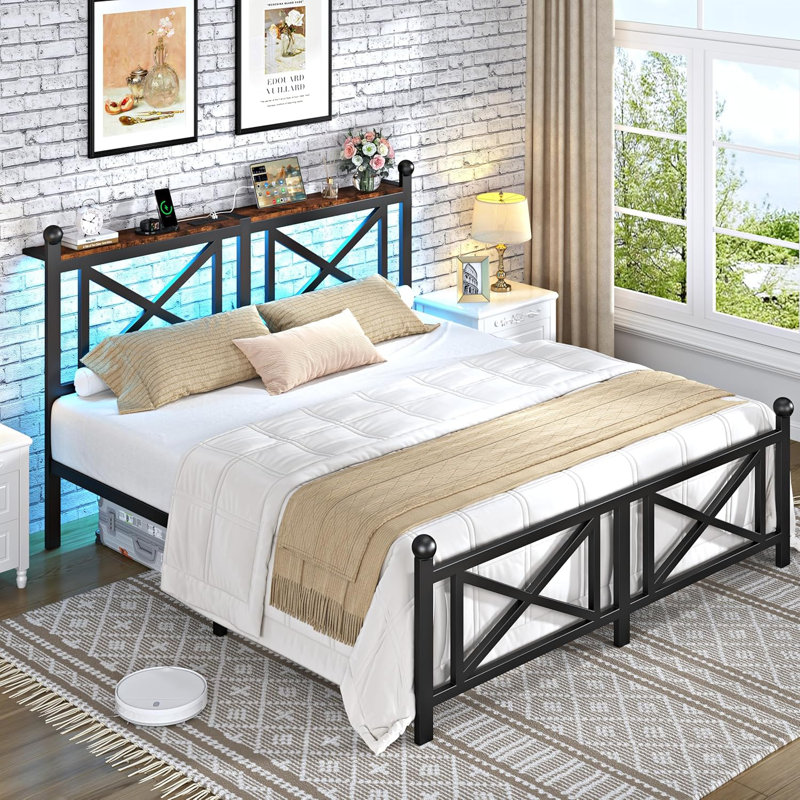 Full Size Bed Frame with Headboard, Charging Station and LED Lights, Heavy Duty Metal Platform & Noiseless, Easy Assembly