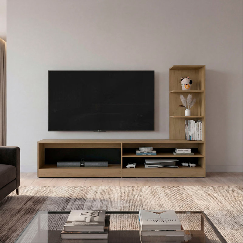 Meuble audio-vidéo moderne de 65 po avec rangement pour jeux vidéo, wengé et chêne naturel Belton