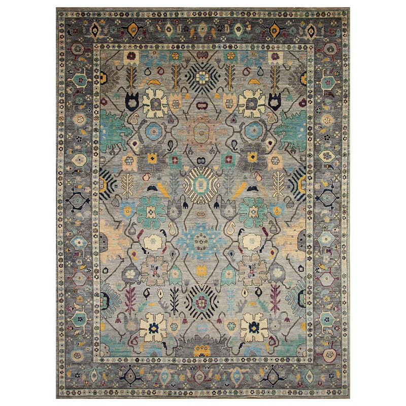 Tapis gris / turquoise / or noué à la main de haute qualité