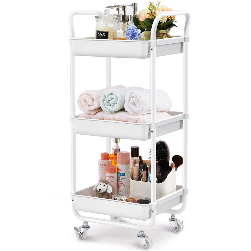 3-Tier Rolling Cart, Utility Cart with Wheels,Metal Cart,Bathroom Cart,Salon Trolley Cart,Kitchen Storage Cart, White
