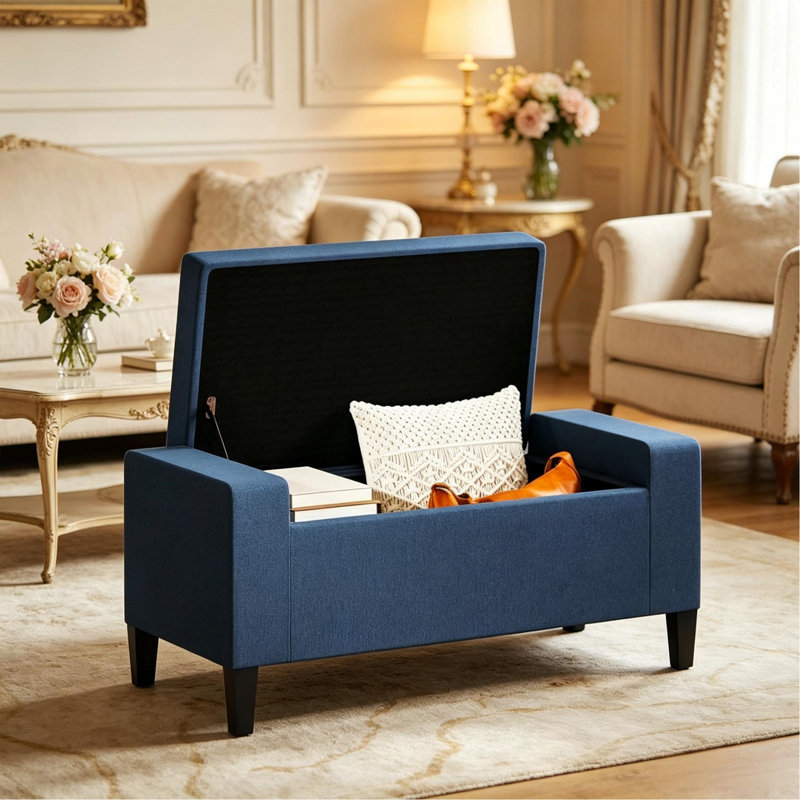 Banc de rangement avec repose-pieds, banc d'entrée rembourré avec siège, avec plateau relevable et pieds en bois d'hévéa