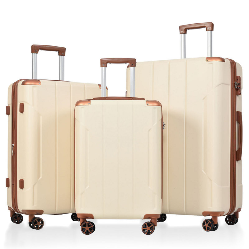Expandable ABS Luggage Set with TSA Lock & Spinner Wheels, Brown/White