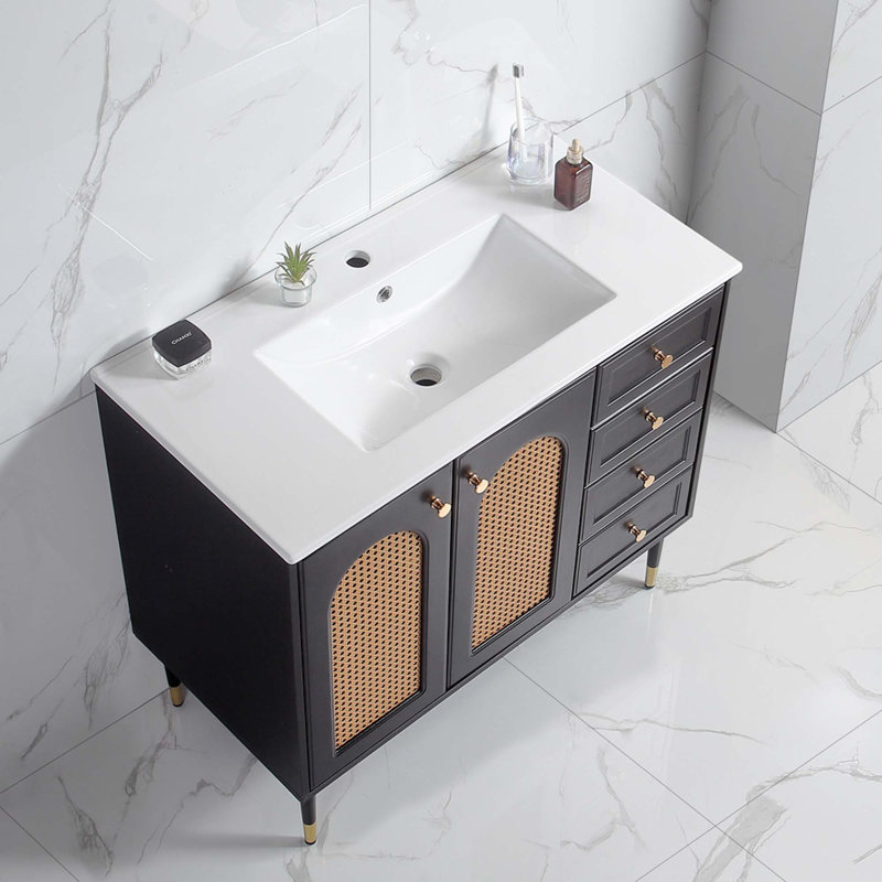 Meuble-lavabo 36 po avec lavabo en céramique et meuble-lavabo en rotin avec deux portes et tiroir, Noir