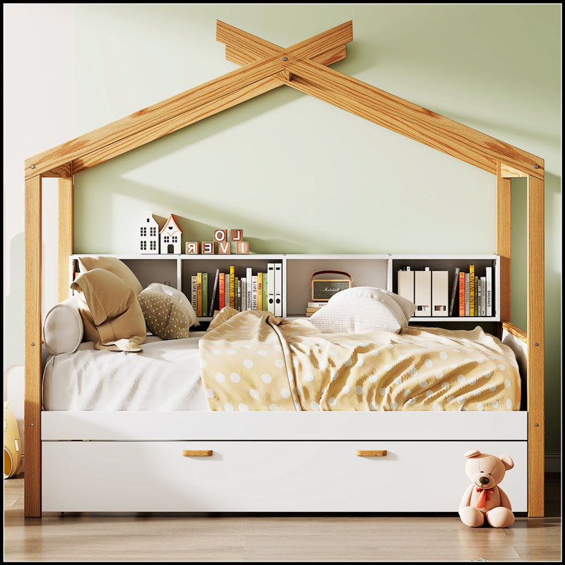 Lit en bois avec structure en bois de couleur originale, lit gigogne et bibliothèque pour chambre d'enfant, Lit double