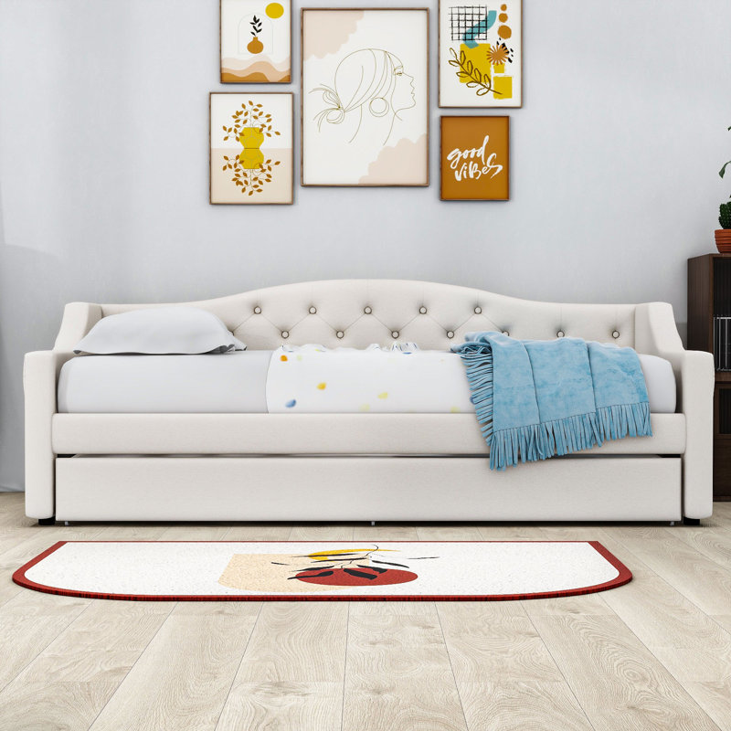 Tyanne Twin XL Upholstered Daybed with Vibrant LED Lighting and Pull-Out Twin XL Trundle, Beige