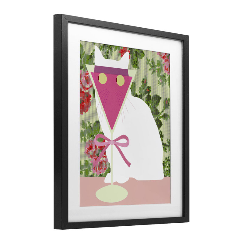 Chat blanc avec martini rose, reproduction encadrée sous verre, design par Lil 'Rue, 21 x 17