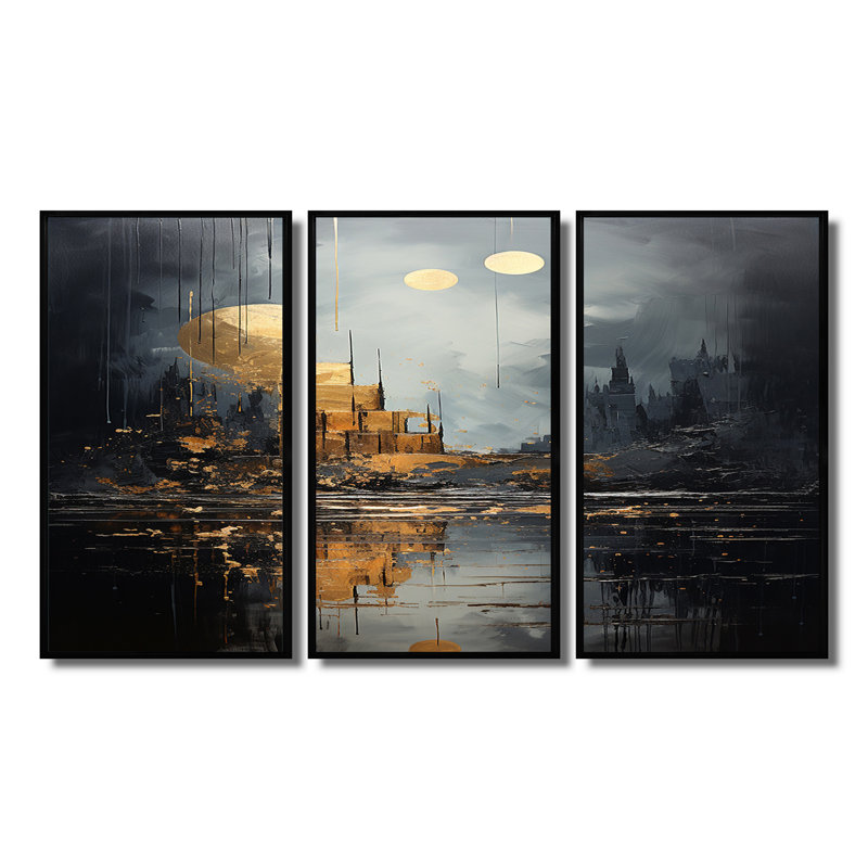 «Golden Cityscape Full Moon Reflection», ensemble d'art mural paysage abstrait, Cadre flottant noir