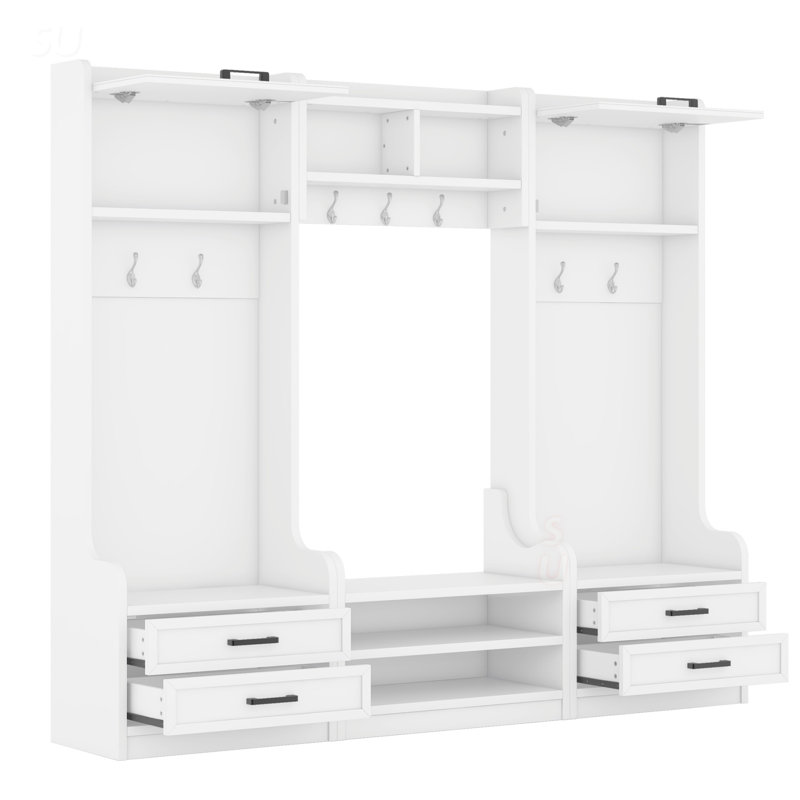4-In-1 Detachable Hall Tree With Storage And 7 Hooks, Multi-Functional Entryway Organizer For Shoes And Coats, White