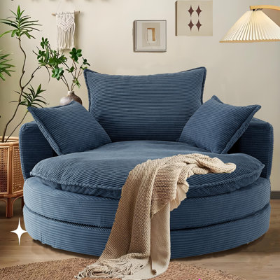 Fauteuil demi-tonneau pivotant moderne surdimensionné de 58 po de large avec coussin décoratif amovible, fauteuil à accoudoir simple avec dossier incurvé pour le salon, la salle à manger, bleu