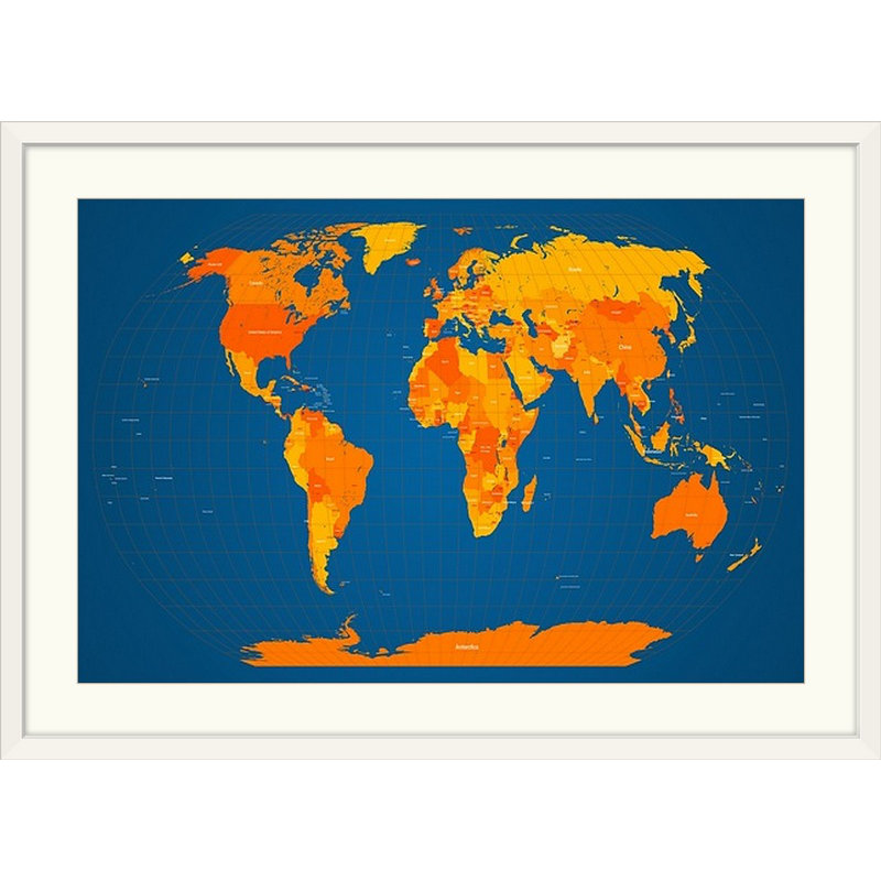 «Francy World Map 2» par Michael Tompsett - impression d'art graphique, H 24 po x l 32 po x P 1 po, Cadre blanc