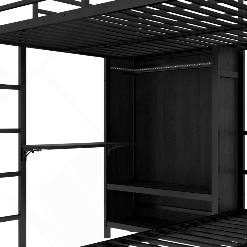 Lit superposé double au-dessus de simple avec bureau pliant, garde-robe avec DEL, peu encombrant, réduction du bruit