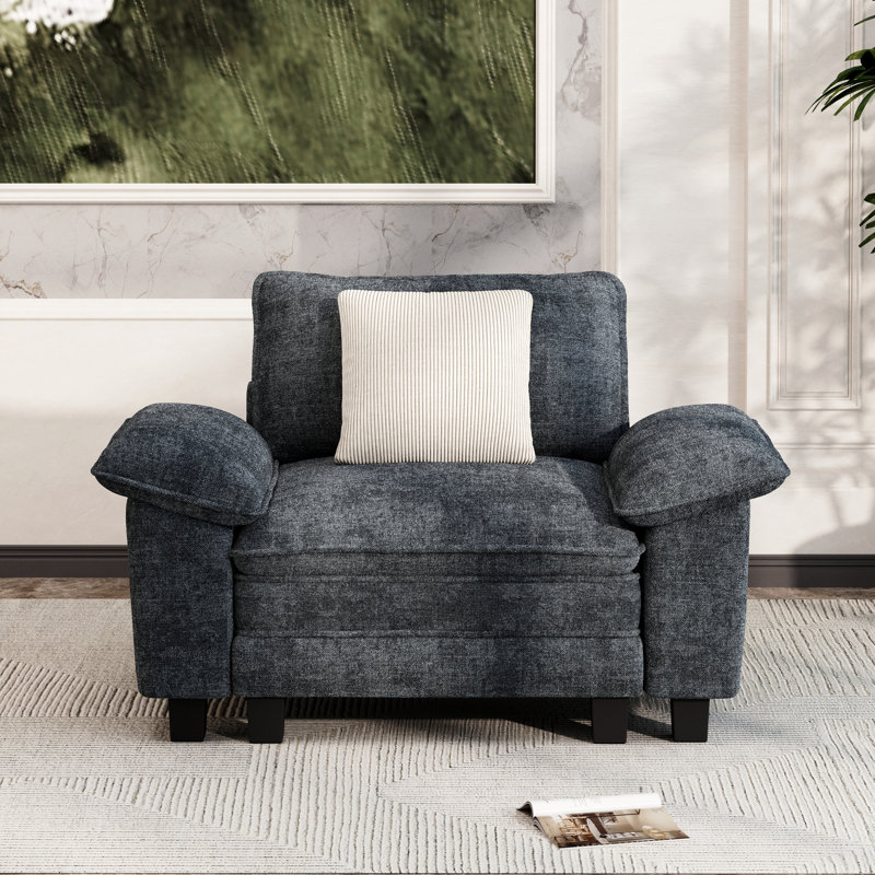 Fauteuil à assise profonde avec coussin décoratif, Chenille bleu foncé